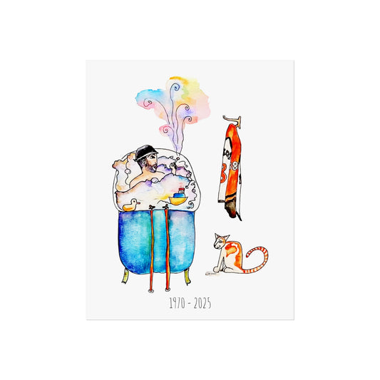 Fine Art Poster — Whimsical Bathtub & Cat Watercolor Print (1970–2025)